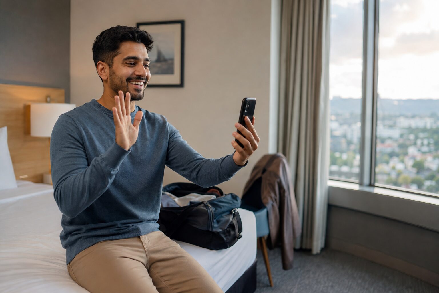 A traveller recording a message from a hotel