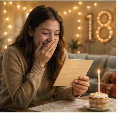 Young woman opening an emotional eighteenth birthday message