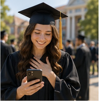 Graduate watching a message on a phone