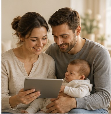 New parents viewing a family message with their baby