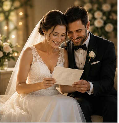 Newlyweds reading a heartfelt message together