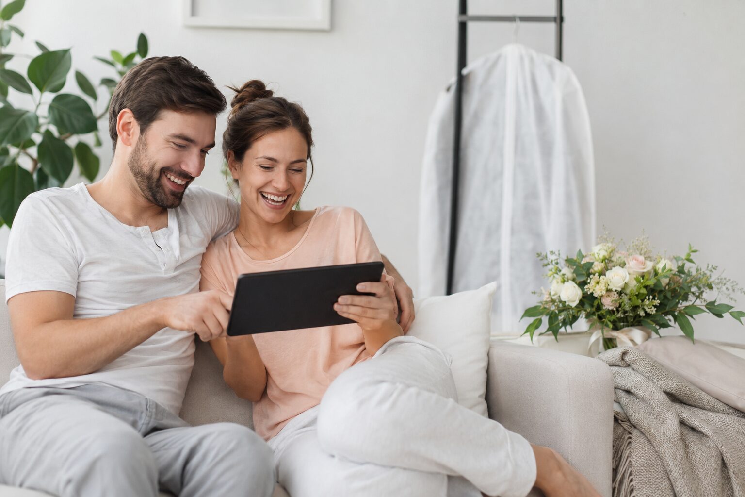 A newly married couple enjoying a personal video